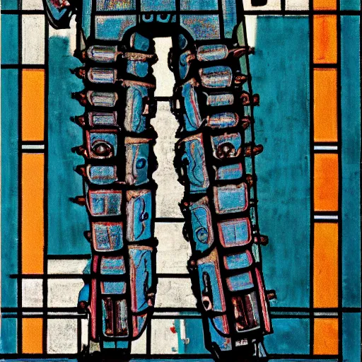 Image similar to ‘dead space’ isaac clark suit, piet mondrian, teal palette