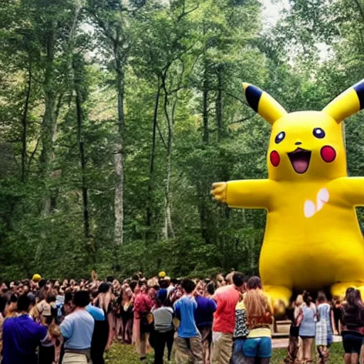 Image similar to photograph of a group of people worshipping a giant pikachu in a forest