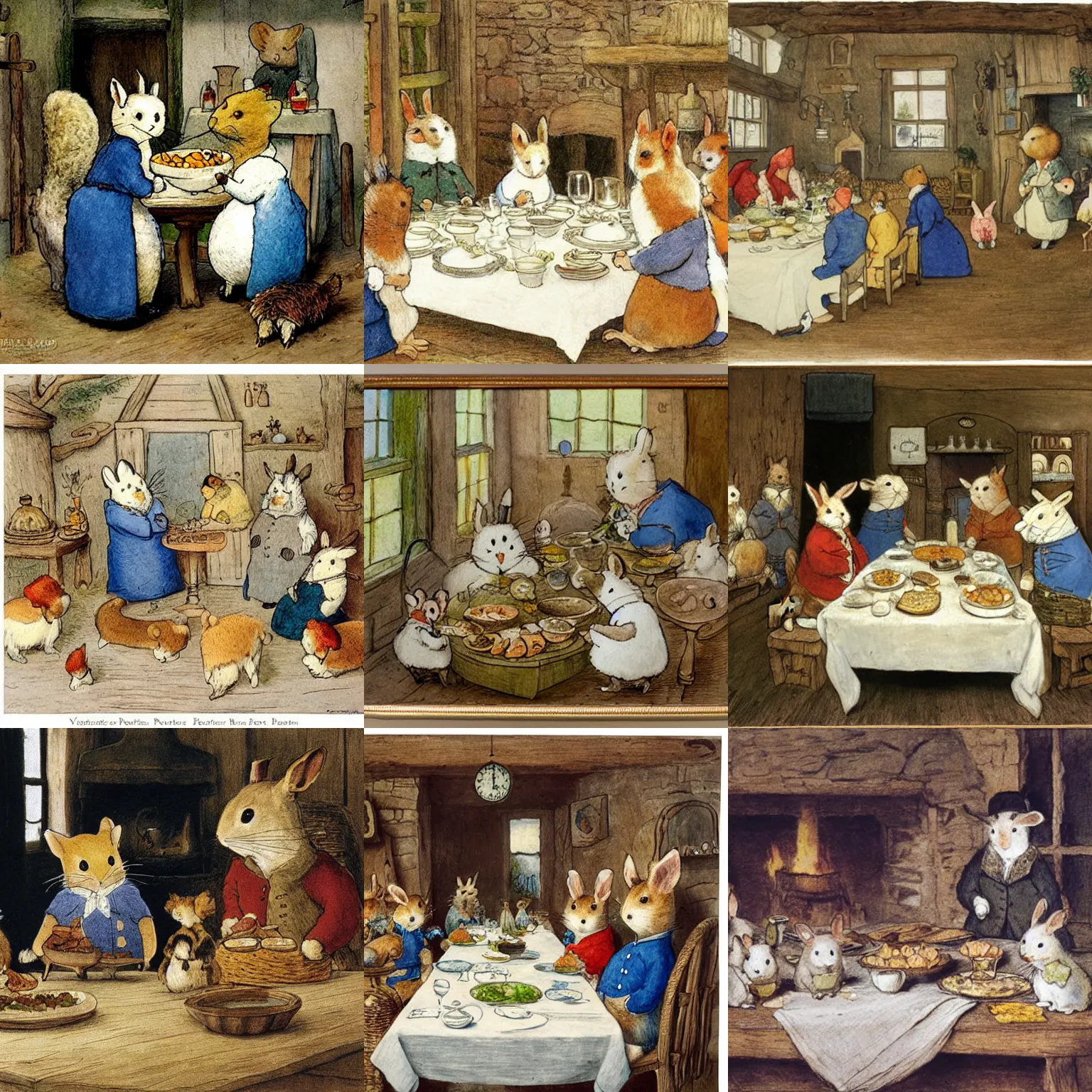 Prompt: Dinner party, village animals,Beatrix potter