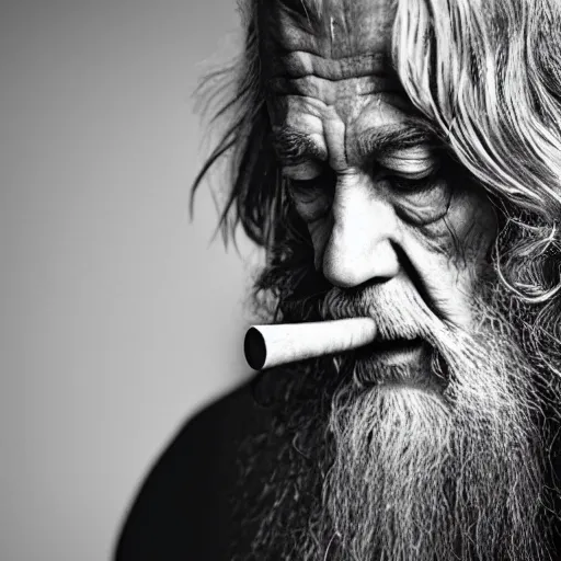 Image similar to a closeup black and white studio photographic portrait of gandalf smoking a long pipe, dramatic lighting