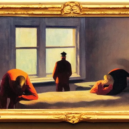 Image similar to Edward Hopper painting of tired and battered soldiers looking up and observing the first rays of sunlight during dawnbreak, dramatic painting, dark, scary, hopeful