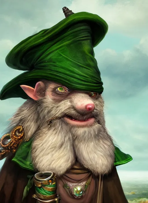 Image similar to antropomorphic rat with beard and human eyes, wearing jewelry, tricorne hat, green robe, d & d, digital art, detailed face, highly detailed, trending on artstation, 4 k, sea in the background