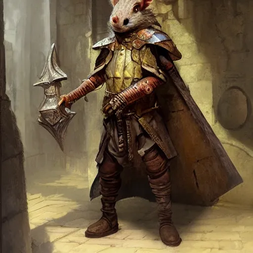 Prompt: a rat wearing a dnd cleric's outfit, complete with a tabard and suit of armor and intricate wooden staff, magical realism, ray swanland, greg rutkowski, rembrandt