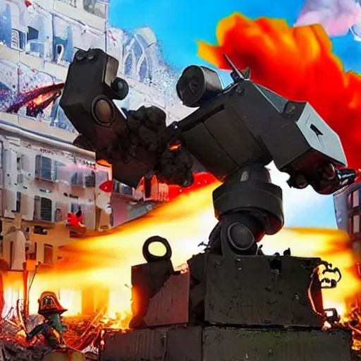 Image similar to giant toy soldier robot destroying a city explosion, panic, chaos