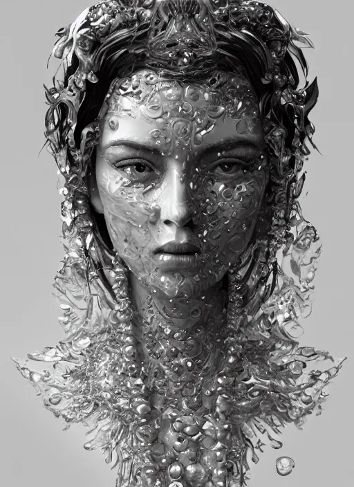 Image similar to sculpture made of water, portrait, female, future, shaman, harper's bazaar, vogue, magazine, insanely detailed and intricate, concept art, ornate, luxury, elite, elegant, trending on artstation, by ruan jia, by Kenneth Willardt, by ross tran, by WLOP, by Andrei Riabovitchev,