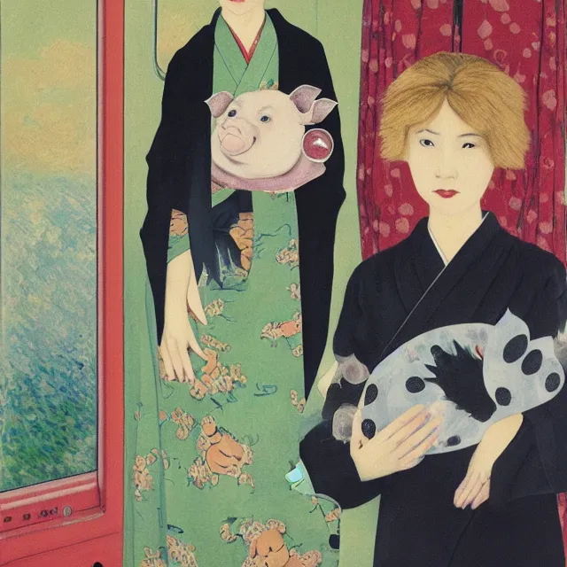 Prompt: tall emo female artist holding small portraits and piglet on a train, wearing a kimono, on yamanote line in japan, tokyo station, summer, sweat, ice coffee, pigs, octopus, acrylic on canvas, surrealist, by magritte and monet