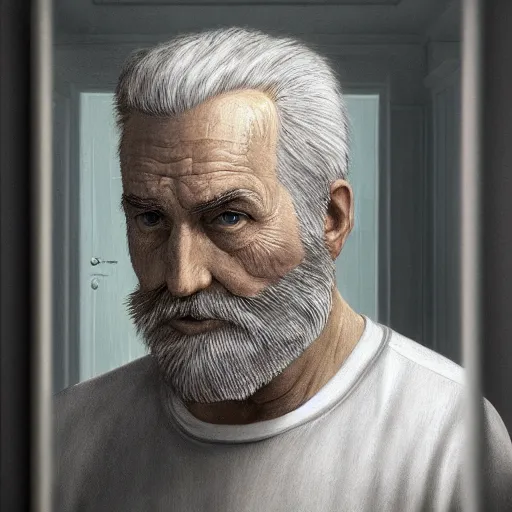Prompt: man looking in the mirror, old, white beard, dementia, wrinkles, lost in the style of alex ross, 2 d, 4 k, unreal, intricate, digital painting, highly detailed, artstation, sharp focus, illustration, realistic shaded perfect face