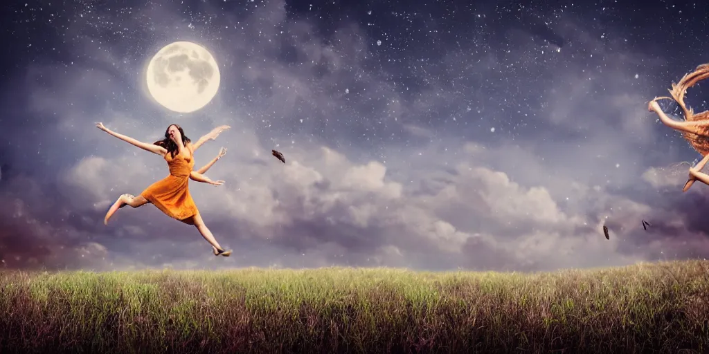 Prompt: pretty girl, wide open field, jumping, flying hair, mushrooms, vegetation, trees, moonlight, old farm