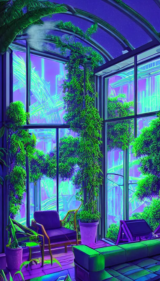 Prompt: a beautiful very detailed render of city sunroom by georgia o'keeffe, galactic alien synthwave rainforest neon noir thermal imaging myst uv light dramatic lighting flowers, archdaily, wallpaper, highly detailed, trending on artstation.