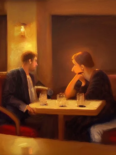 Prompt: masterpiece painting by salman toor, of a guy and a girl on a date in a restaurant, cinematic light, renaissance, atmospheric effects, artstation