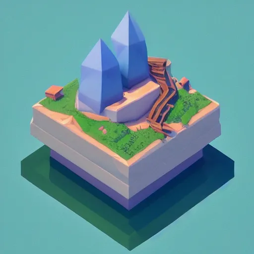 Prompt: a floating island isometric art, low poly art, game art, artstation, 3D render, cgsociety