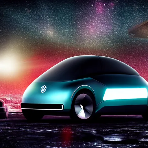 Image similar to Futuristic VW W16 in a Russian cyberpunk slum city called Neo Norilsk on the Moon, at night, diverse, lively, black sky full of stars, blinding sun, sci-fi, lots of flying cars, levitation, cyberpunk outfits, photorealistic, grainy, 35mm, intricate, very very beautiful, elegant, smooth, cinematic, Unreal Engine 5, by Beeple, trending on Artstation HD