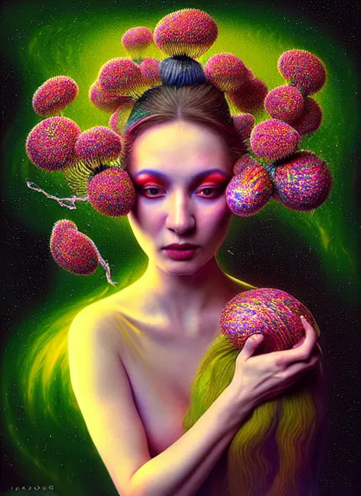 Image similar to hyper detailed 3d render like a chiariscuro Oil painting with focal blur - Aurora (Singer) looking adorable and seen in dynamic pose joyfully Eating of the Strangling network of glowing and milky Fruit and Her delicate Hands hold of gossamer polyp blossoms bring iridescent fungal flowers whose spores black the foolish stars to her smirking mouth by Jacek Yerka, Mariusz Lewandowski, Houdini algorithmic generative render, Abstract brush strokes, Masterpiece, Edward Hopper and James Gilleard, Zdzislaw Beksinski, Mark Ryden, Wolfgang Lettl, hints of Yayoi Kasuma, octane render, 8k