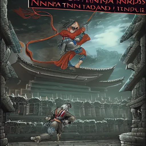 Prompt: a dward ninja heroes facing an ancient temple, illustrated by trent kaniuga