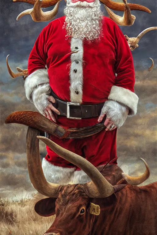 Image similar to Redneck Santa with flying Longhorns, oil on canvas, intricate, portrait, 8k highly professionally detailed, HDR, CGsociety