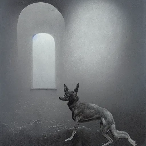 Image similar to an ominous beksinski painting of an enormous Chihuahua, 8k