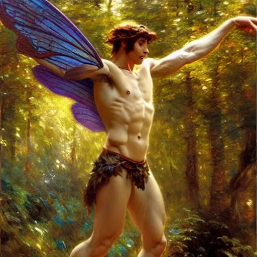 Image similar to attractive male fairy with wings in the forest, posing. highly detailed painting by gaston bussiere, craig mullins, j. c. leyendecker, 8 k