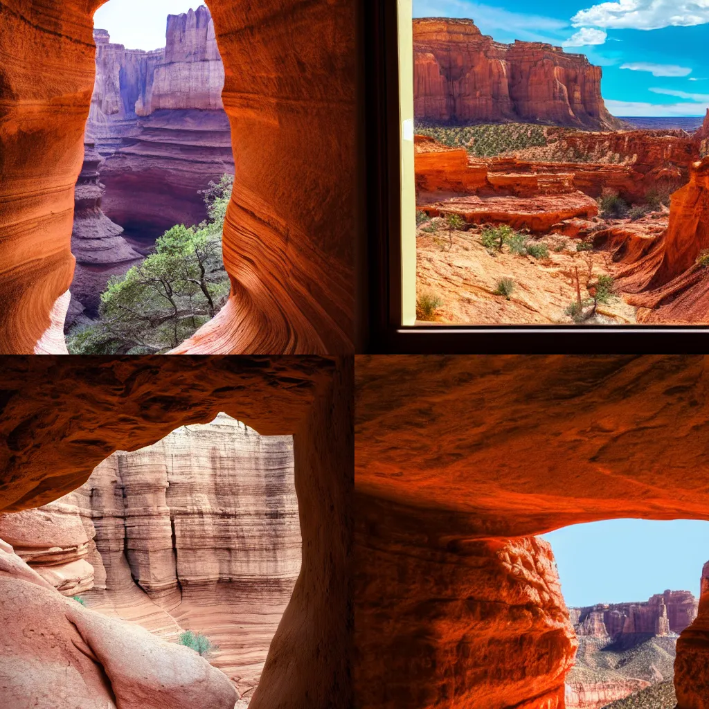 Prompt: a view of a canyon through a window in a rock formation, a detailed matte painting by robert j. brawley, featured on unsplash, naturalism, bryce 3 d, windows vista, high dynamic range