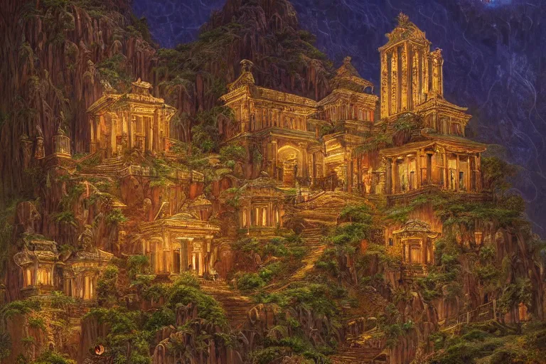 Image similar to ancient temple on a mountaintop at night | by Paul O. Zelinsky and Donato Giancola | ornate carvings| climbing vines| rich color | dramatic cinematic lighting | extremely crisp and detailed | featured on Artstation | cgsociety