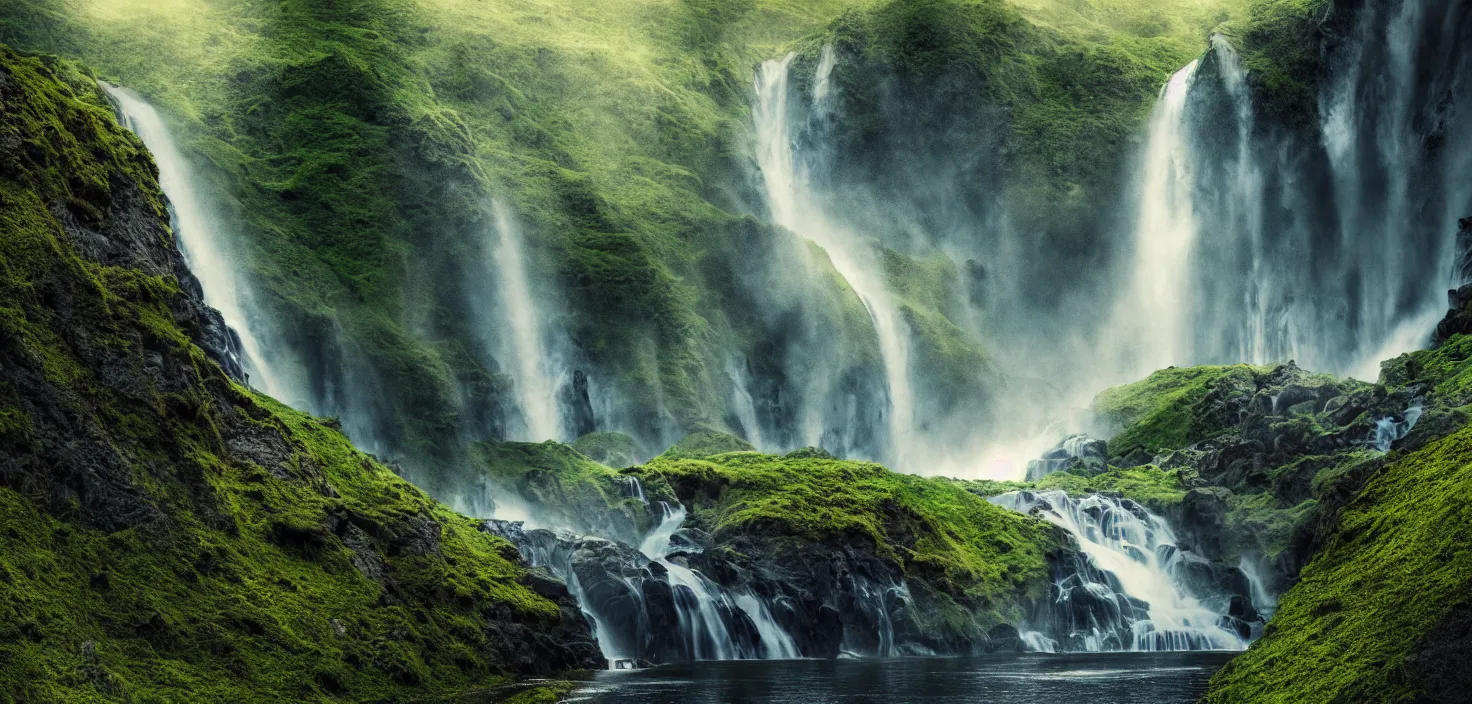 Image similar to a waterfall in the middle of a mountain range, a detailed matte painting by hallsteinn sigurðsson, shutterstock contest winner, naturalism, uhd image, creative commons attribution