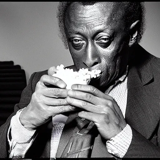 Image similar to miles davis eating popcorn, photorealistic, hd, 4 k, award - winning