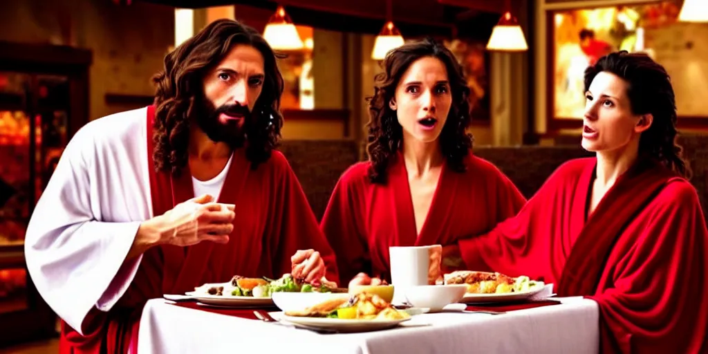 Image similar to jesus christ in a robe and red scarf, in a restaurant, on a date with a beautiful woman, yelling at a young blonde haired waiter