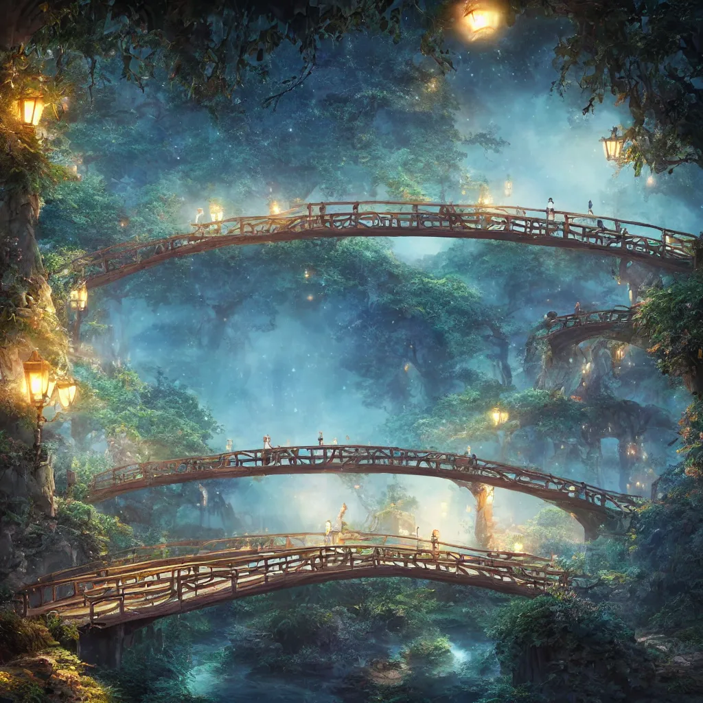 Prompt: fairyland bridge, outside of time and space, dreamy, romantic, night lighting, gorgeous lighting, well lit, backlit, dramatic cinematic lighting, intricate, highly detailed, in the style of studio ghibli, octane render, 8 k