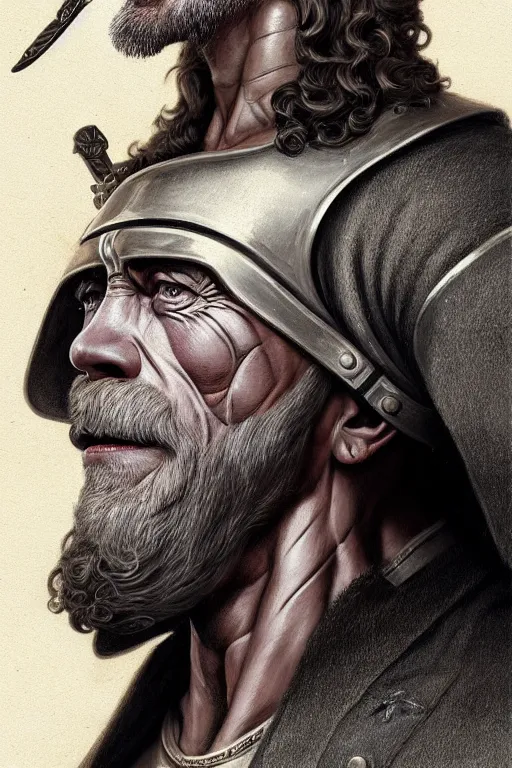 Image similar to old arnold schwarzenegger with beard as a member of the teutonic order, fantasy, intricate, artstation, full body, concept art, smooth, sharp focus by huang guangjian and gil elvgren and sachin teng, 8 k