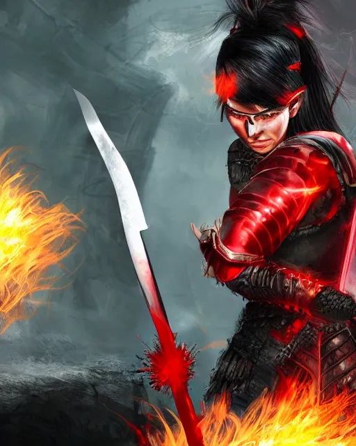 Prompt: digital art of a female warrior with black hair and red eyes, wearing red armor, holding a flaming sword