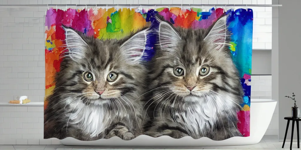 Image similar to shower curtain product catalog. on the curtain is a watercolor with ink under drawing of one maine coon kitten with its toy. wide - angle product photography, product lighting. 4 k, highly detailed. saturated.