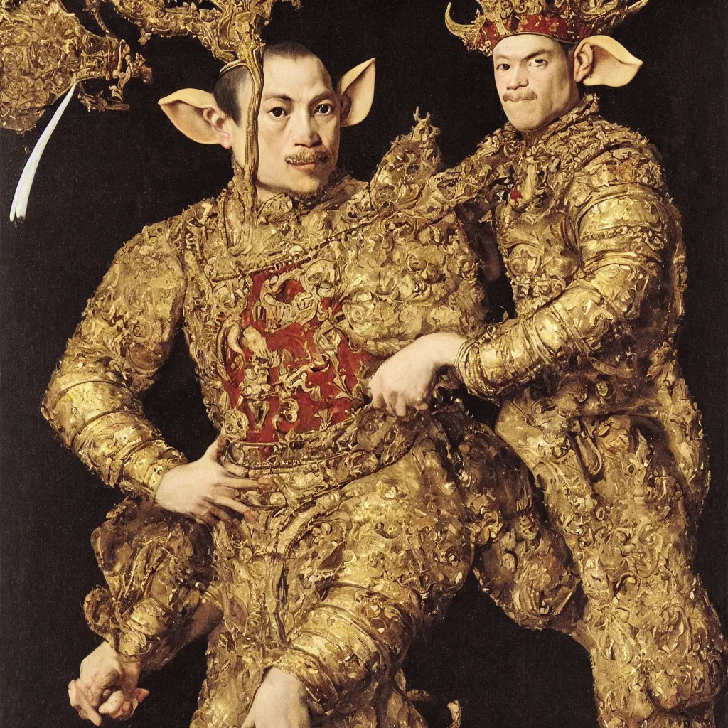 Image similar to portrait of a monkey king of spain, artwork by velazquez, wearing a donkey ears