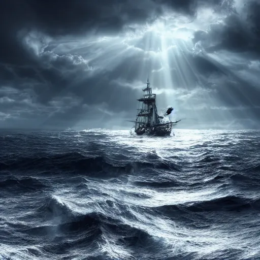 Image similar to a ship sinking in the ocean with poseidon watching, concept art, moody, god rays, atmospheric, 8 k render