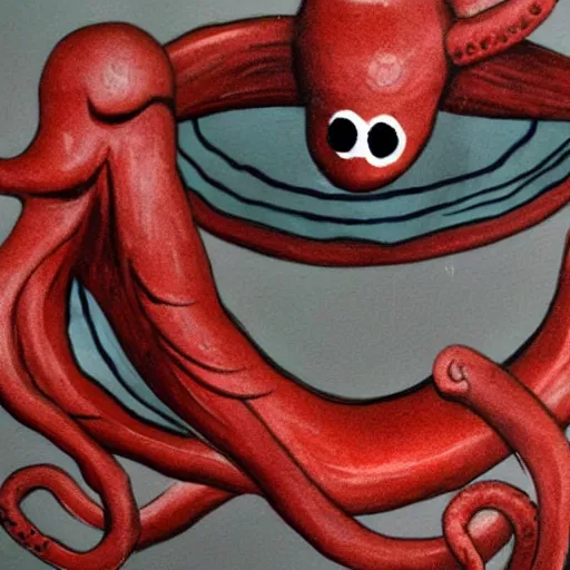 Prompt: a red octopus floats through a portal, holding a newspaper, clay style