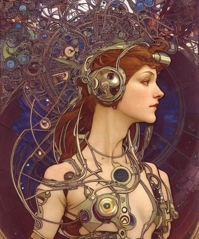 Image similar to realistic detailed portrait of a humanoid mecha cyberpunk! goddess by Alphonse Mucha and Charlie Bowater and art germ, rule of thirds, golden ratio, Art Nouveau! cyberpunk! style, mechanical accents!, mecha plate armor, glowing LEDs, flowing wires with leaves, art nouveau accents, art nouveau patterns and geometry, rich deep moody colors, portrait style with the subject in the middle of the frame