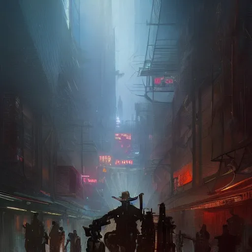 Prompt: cyberpunk wild west, dramatic lighting, city background, chiaroscuro, high detail, painted by greg rutkowski, painted by igor kieryluk, painted by bobby chiu, trending on artstation