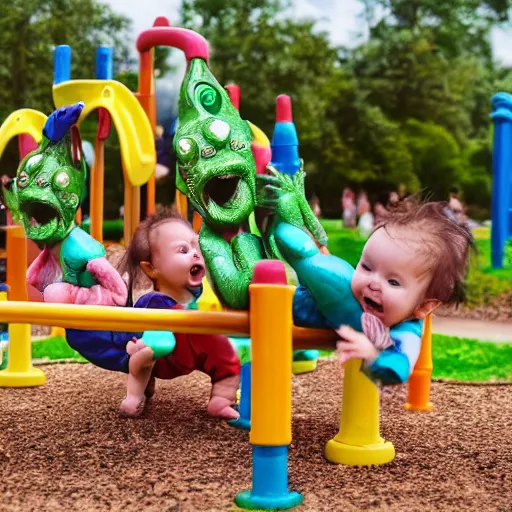 Image similar to a beautiful photo of baby aliens having fun at a playground, very detailed, masterpiece, photorealistic