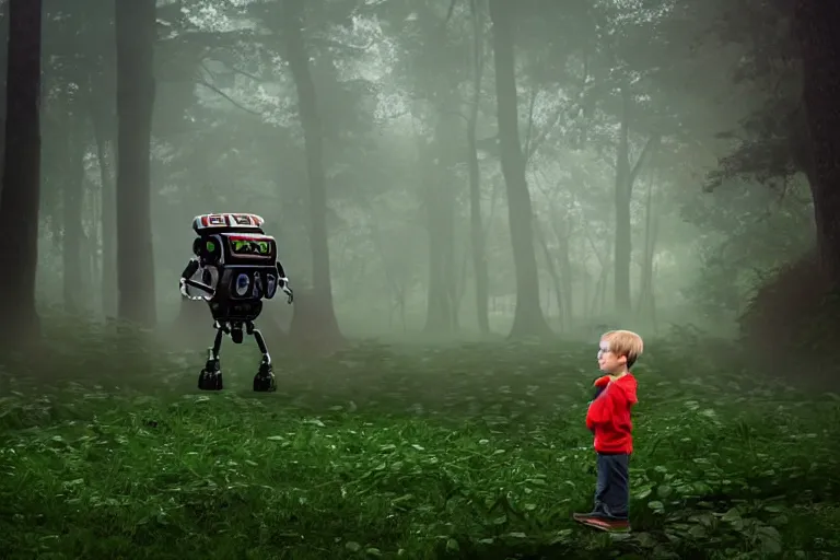 Image similar to A small boy discovers a large mechanical robot with green eyes in the misty forest