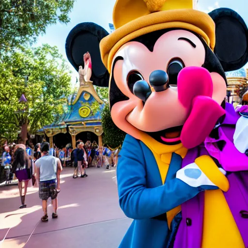 Prompt: super awkward interaction with a costumed character at disneyland, highly detailed, 8 k resolution, ultra realistic