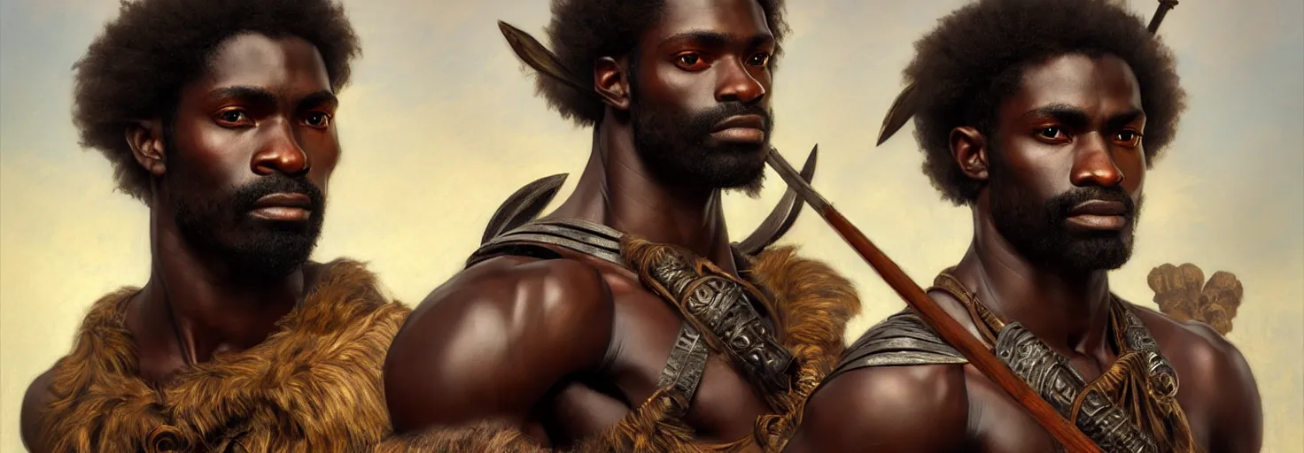 Image similar to renaissance upper body portrait of a gruff ranger with a spear, African, lean and toned, handsome face, hairy chest, D&D, intricate, elegant, highly detailed, digital painting, artstation, concept art, matte, sharp focus, illustration, art by da Vinci, Artgerm and Greg Rutkowski and Alphonse Mucha