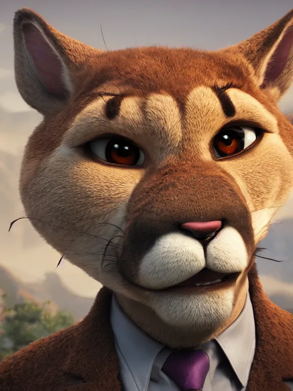 Image similar to a film still from the movie zootopia main character portrait anthro anthropomorphic mountain lion head animal person fursona wearing suit and tie pixar disney dreamworks animation sharp rendered in unreal engine 5 octane key art by greg rutkowski bloom dramatic lighting modeling expert masterpiece render