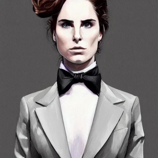Image similar to A masterpiece portrait of a Female version of Christian Bale Patric Bateman from American Psycho. In good office suit. medium shot, intricate, elegant, highly detailed. trending on artstation, digital art, by Stanley Artgerm Lau, WLOP, Rossdraws, James Jean, Andrei Riabovitchev, Marc Simonetti, Yoshitaka Amano