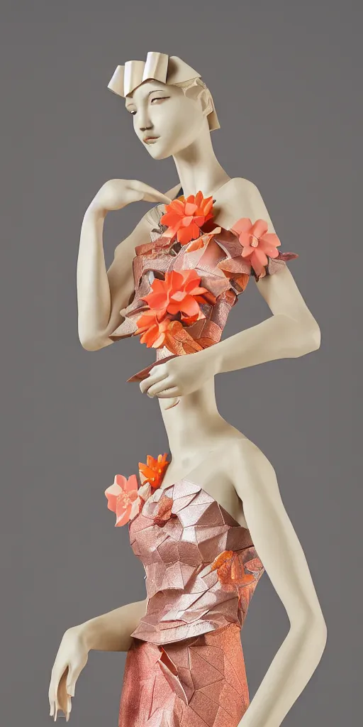 Image similar to portrait of a beautiful ceramic female tiger model wearing sakura and peach ( ( origami themed paper flower ) ) and metallic molded shaped gown, haute couture by issey miyake