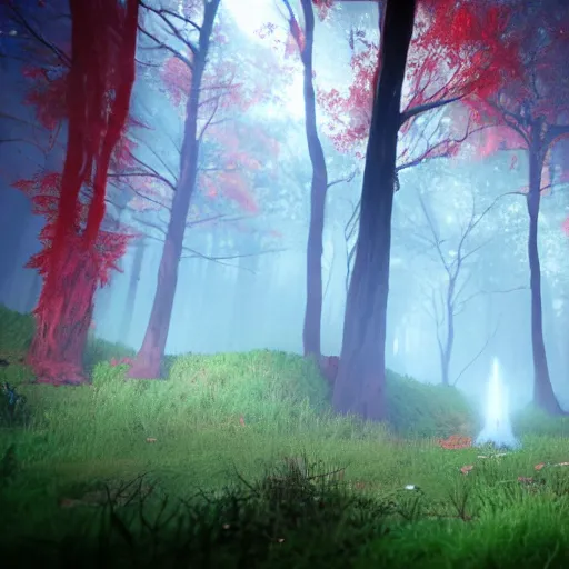 Image similar to crimson forest with a ghost in it, surreal, sharp focus, digital art, epic composition, concept art, dynamic lighting, intricate, highly detailed, 8 k, unreal engine, blender render