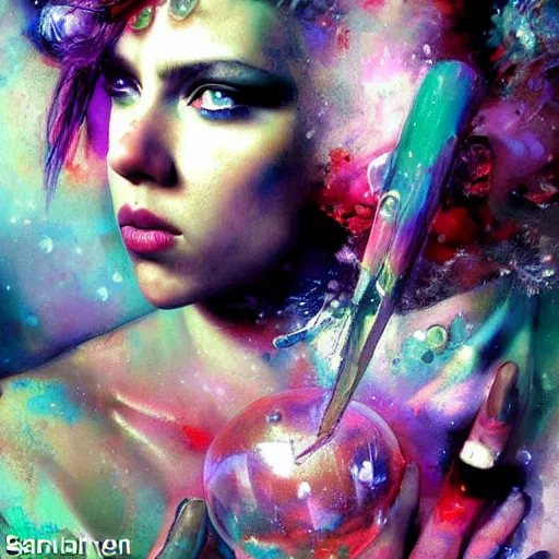 Image similar to drunken scarlett johansson as delirium from sandman, ( hallucinating colorful soap bubbles ), by jeremy mann, by sandra chevrier, by dave mckean and richard avedon and maciej kuciara, punk rock, tank girl, high detailed, 8 k