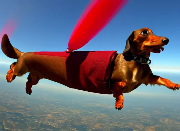 Image similar to Dachshund skydiving while dressed in a hotdog costume