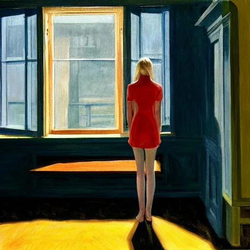 Image similar to painting of Elle Fanning in a flooded house interior, by Edward Hopper