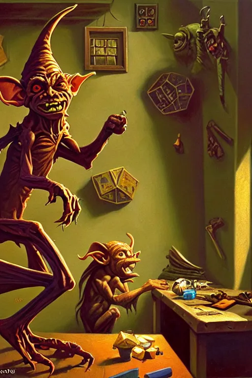 Prompt: iconic oil painting, a mischievous goblin, as a dnd character, inside a cluttered bedroom, cottagecore, highly detailed, digital illustration, concept art, smooth, sharp focus, art by tim hildebrandt, and greg hildebrandt