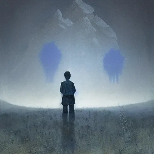 Prompt: A beautiful land art of a small figure standing in the center of a dark, foreboding landscape. The figure is surrounded by strange, monstrous creatures, and there is a feeling of unease and dread. pale indigo, indigo by Michal Lisowski