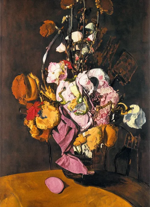 Prompt: a surreal painting of a breakfast still life, vase of flowers, by George Baselitz, symbolist, soft colors, dramatic lighting, smooth, sharp focus, extremely detailed, aesthetically pleasing composition