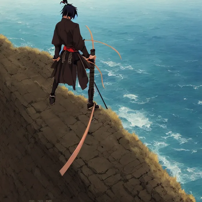 Image similar to an ( ( ( ( anime ) ) ) ) still of a ronin samurai standing on the edge of a cliff overlooking the ocean, confident looking, finely detailed features, perfect art, at an ancient castle, trending on pixiv fanbox, painted by greg rutkowski makoto shinkai takashi takeuchi studio ghibli, akihiko yoshida